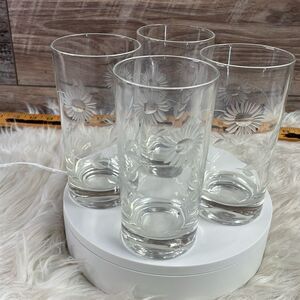 Floral Etched Glassware, Set of 4, Clear Glass , 8 oz